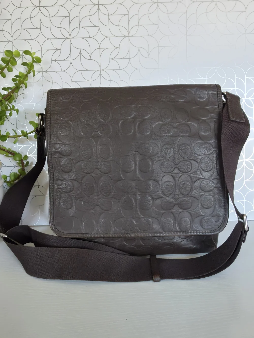 Coach Embossed Signature Messenger Bag - Dark Brown